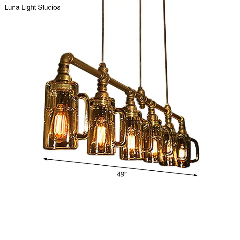 6-Light Industrial Gold Glass Ceiling Chandelier – 49” Modern Linear Fixture