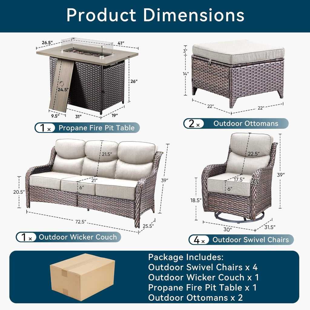 Luxury 8-Piece Outdoor Wicker Patio Furniture Set with Fire Pit Table