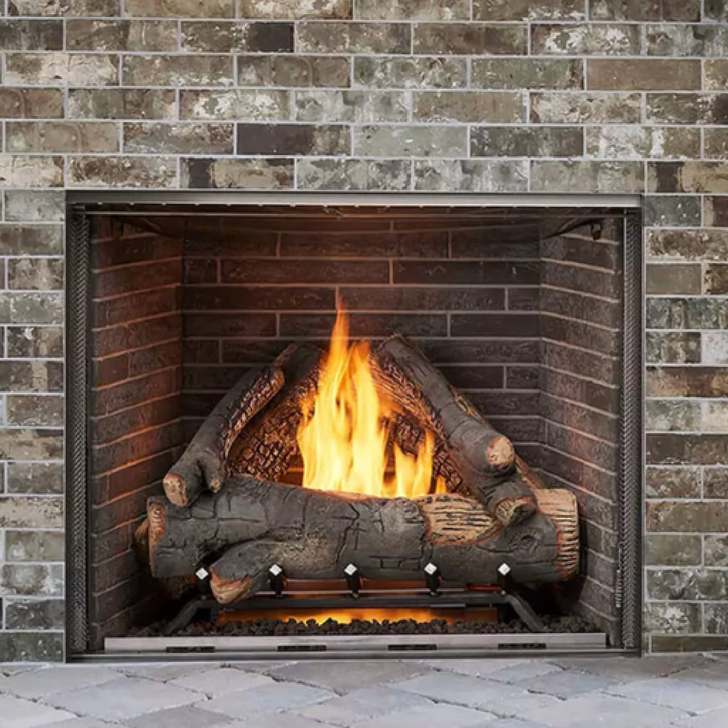 Majestic Traditional Stacked Brick Courtyard Outdoor Gas Fireplace