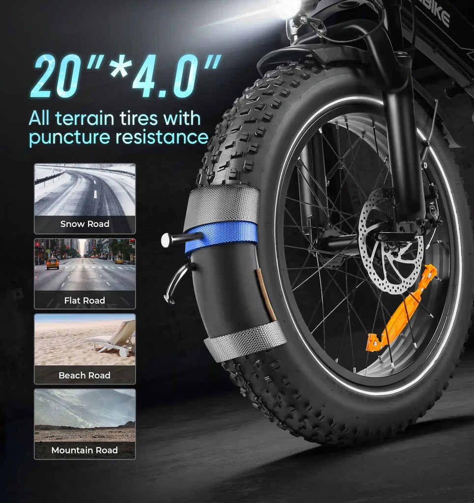 20*4.0 inch fat tire folding electric bicycle, 750W motor urban mountain E-Bike, 48V13AH battery adult electric scooter