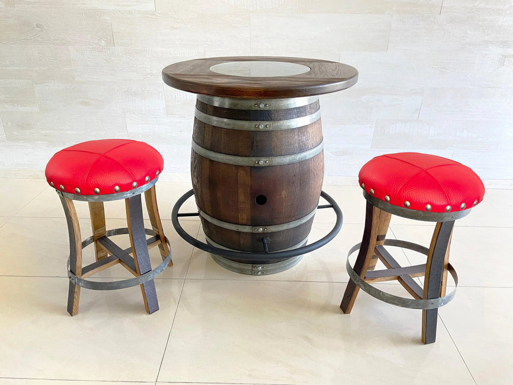 Whiskey & Wine Barrel Bistro Pub Set — Glass Top, Foot Rail