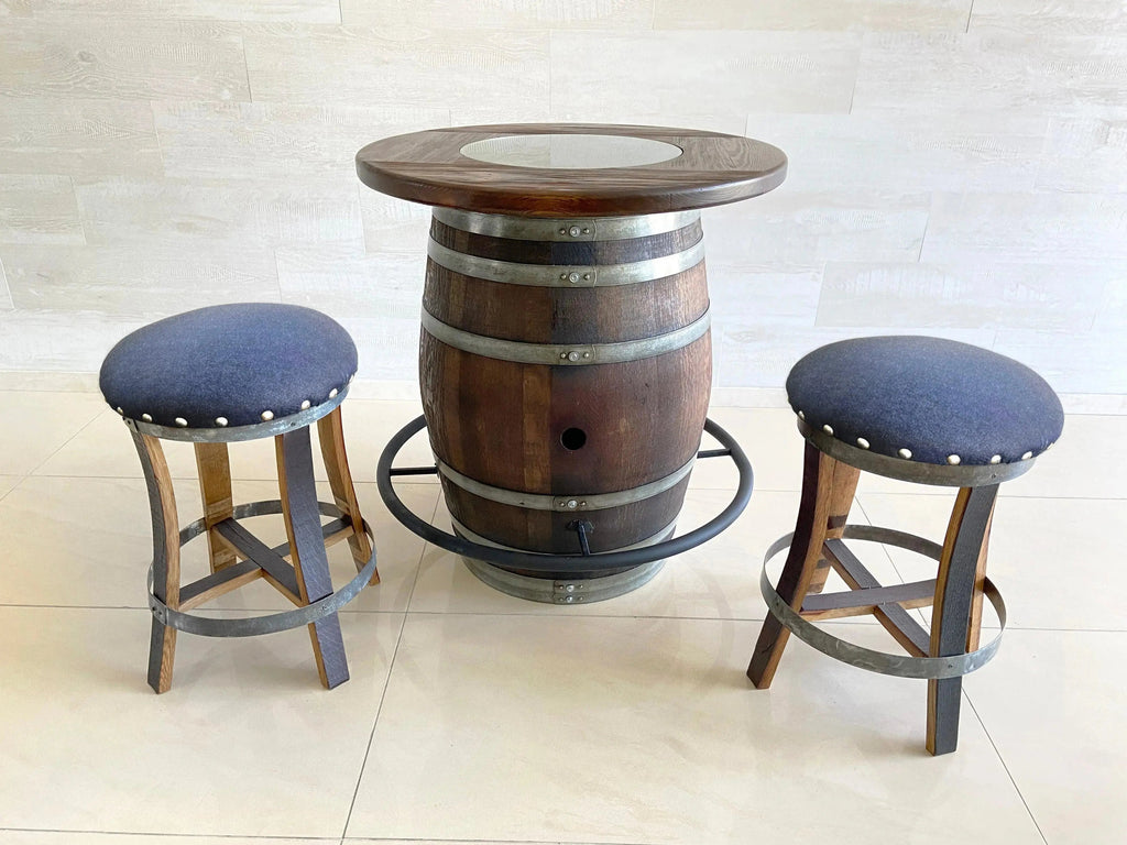 Whiskey & Wine Barrel Bistro Pub Set — Glass Top, Foot Rail