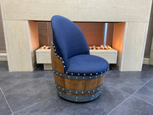 Load image into Gallery viewer, Whiskey &amp; Wine Barrel Lounge Chair — Hidden Storage, Memory Foam, Blue Denim Upholstery (Limited)