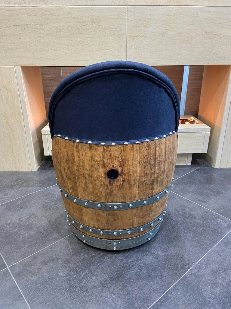 Whiskey & Wine Barrel Lounge Chair — Hidden Storage, Memory Foam, Blue Denim Upholstery (Limited)