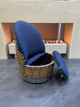 Load image into Gallery viewer, Whiskey &amp; Wine Barrel Lounge Chair — Hidden Storage, Memory Foam, Blue Denim Upholstery (Limited)