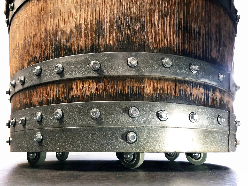 Whiskey & Wine Barrel Lounge Chair — Hidden Storage, Memory Foam, Blue Denim Upholstery (Limited)