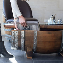 Load image into Gallery viewer, Whiskey &amp; Wine Barrel Coffee Table — Glass Top, Hidden Storage